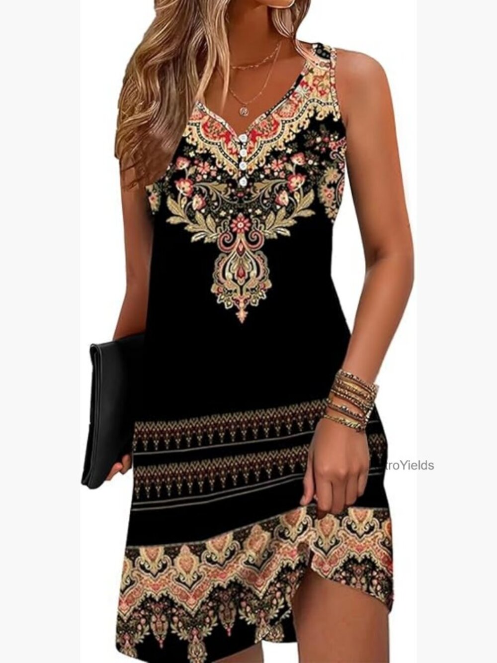 Sleeveless Floral A-Line Swing Dress Dropped Hem Buttoned V-Neck